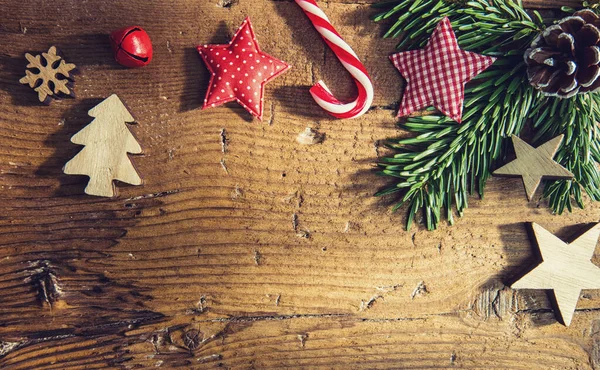 Karácsonyi Díszek Régi Háttér Üdvözlő Kártya Stílusban Beleértve Másolási Hely — Stock Fotó