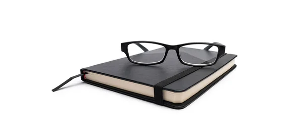 Cuaderno Cubierta Negro Cerrado Con Gafas Sobre Fondo Blanco — Foto de Stock