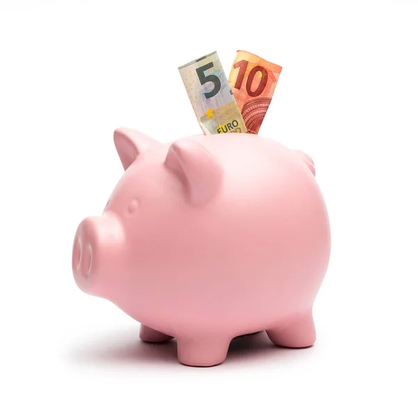 Piggy Bank Bankovkou Euro Bílém — Stock fotografie