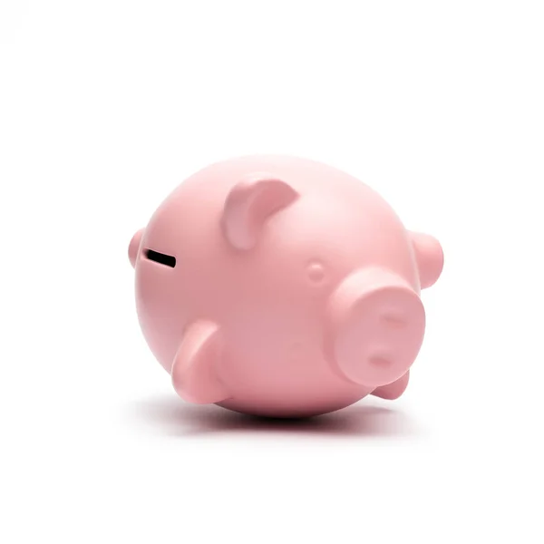 Piggy Bank Liggend Aan Zijkant Geïsoleerd Witte Achtergrond — Stockfoto