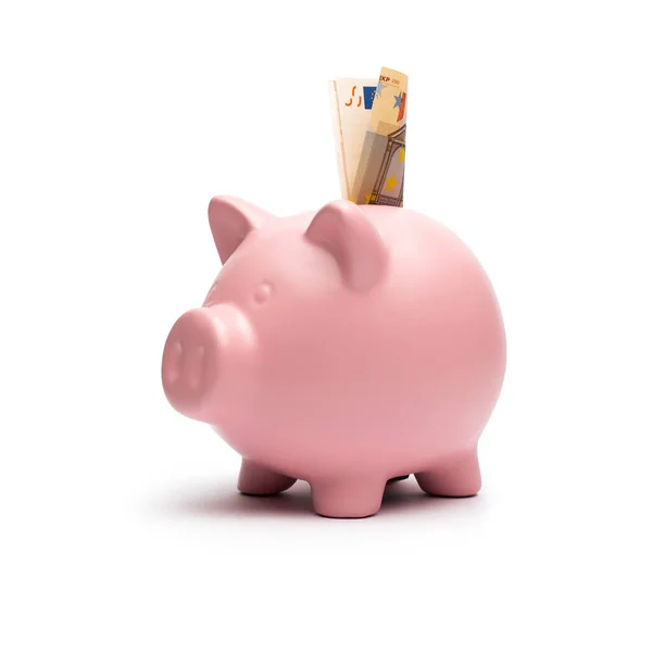 Piggybank Med Euro Sedel Vit Bakgrund — Stockfoto