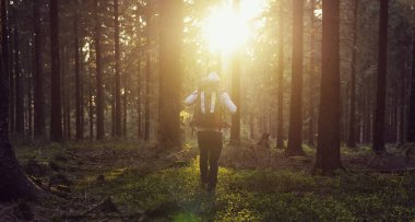 Ormanda genç yürüyüşçüyle güneşli bir gün batımı 