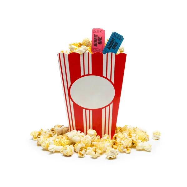 Popcorn Dalam Kotak Dengan Tiket Terisolasi Pada Warna Putih Bioskop — Stok Foto