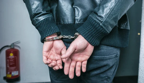 Burglar Hands Locked Handcuffs — Stock Photo, Image