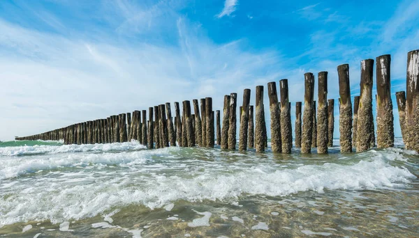 Pláž Dřevěnými Vlnolamy Seascape — Stock fotografie