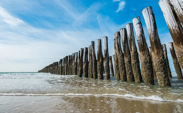 木製防波堤周りの波の流れ — ストック写真
