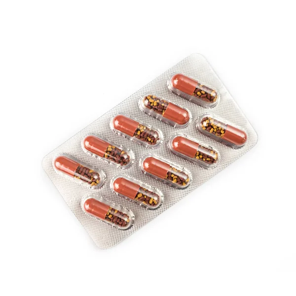 Zilveren Blisterverpakkingen Capsule Pillen Collectie Isoleren Witte Ondergrond — Stockfoto