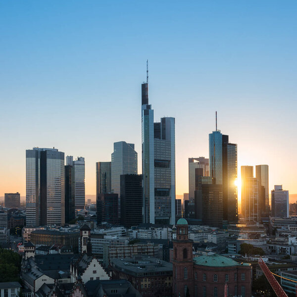 Frankfurt am Main Financial District skyline at sunset