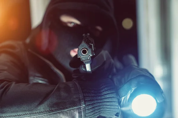 Criminal Burglar Looking Holding Gun Flashlight Entering House Night — Stock Photo, Image