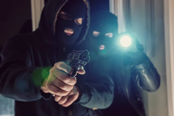 Masked Burglar Gun Breaking Entering Victim Home — Stock Photo, Image