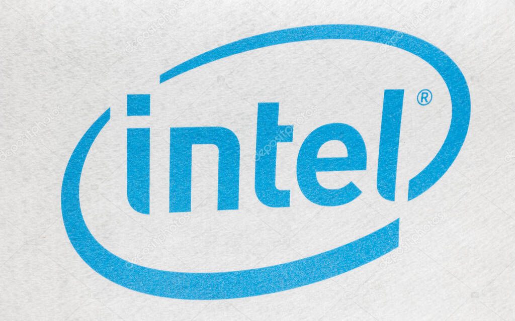 HANNOVER, GERMANY MARCH, 2017: Intel logo printed on cloth and placed on white background. Intel is one of the world's largest and highest valued semiconductor chip makers, based on revenue.