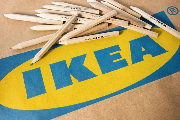 Aachen Germany October 2017 Ikea Pencils Placed Ikea Paper Bag — Stock Photo, Image