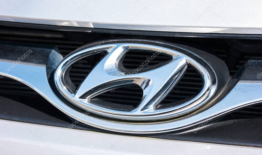 AACHEN, GERMANY MARCH, 2017: Hyundai logo on a car grilll. Hyundai Motor Company is a South Korean multinational automotive manufacturer founded at 1967.