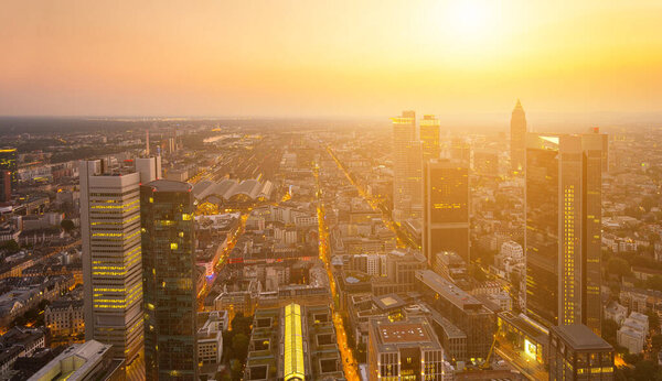 Modern skyline of Frankfurt at sunset, Germany