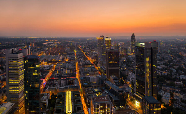 Modern skyline of Frankfurt at sunset, Germany financial business district