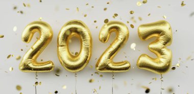 Mutlu 2023 yılları. 2023 altın folyo balonları ve beyaz arka planda düşen konfeti. Altın helyum balon numaraları. Bayram posteri ya da pankart konsepti
