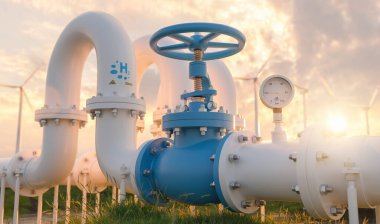 Arka planda hidrojen borusunun manometresi ve rüzgar türbinleri olan boru hattı. Hidrojen enerji depolama konsepti resmi