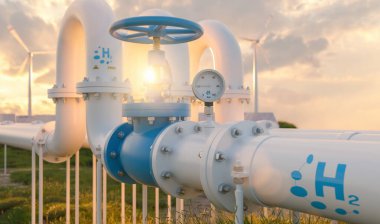 Yeşil Hidrojen yenilenebilir enerji üretim boru hattı - günbatımı konsept görüntüsünde temiz elektrik güneş ve rüzgar türbini tesisi için yeşil hidrojen gazı 