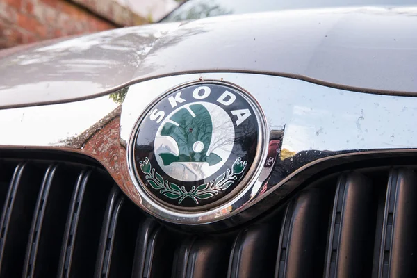 DOMBURG, NETHERLANDS JUNI, 2017: Skoda Octavia 'nın Skoda rozetini gösteren ön ızgarası