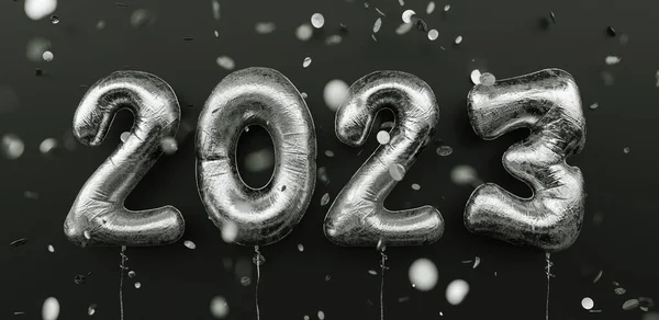 stock image Happy New 2023 Year. 2023 silver foil balloons and falling confetti on black background. Gold helium balloon numbers. Festive poster or banner concept image