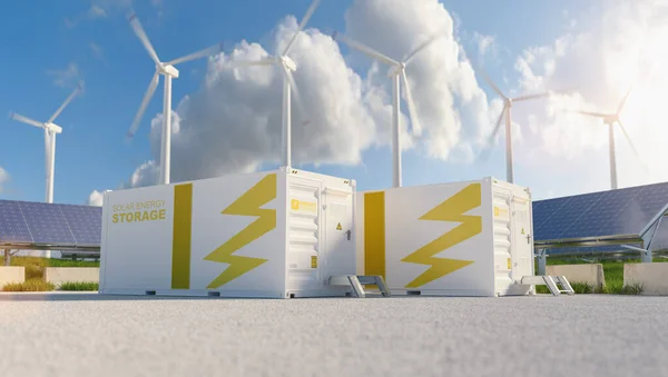modern battery energy storage system with wind turbines and solar panel power plants in background. New energy concept image