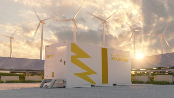 Moderne Batteriespeicher Mit Windturbinen Und Solaranlagen Hintergrund Bei Sonnenuntergang Neues — Stockfoto