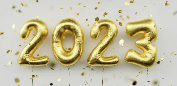 Happy New 2023 Year. 2023 golden foil balloons and falling confetti on white background. Gold helium balloon numbers. Festive poster or banner concept image