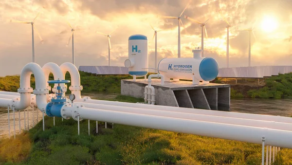 Hydrogen gas pipeline renewable energy production - hydrogen power for clean electricity solar and windturbine facility at sunset Concept image