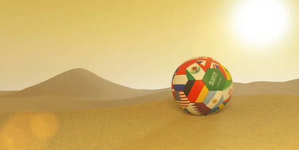Grande Pallone Calcio Con Bandiere Paese Nel Deserto Del Qatar — Foto Stock