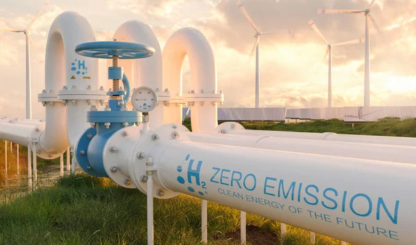 Waterstof Zero Emission Pijplijn Met Windturbines Zonnecentrales Achtergrond Bij Zonsondergang — Stockfoto