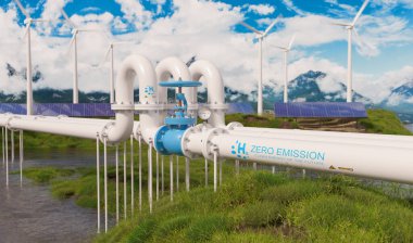 Arka planda rüzgar türbinleri ve güneş paneli santralleri olan Hidrojen Sıfır Emisyon boru hattı. Hidrojen enerji depolama konsepti resmi