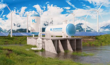 Hidrojen yenilenebilir enerji üretimi - nehirdeki temiz elektrik güneş ve rüzgar türbini tesisi için hidrojen gazı üretimi