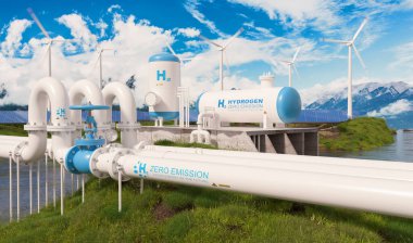 Modern hidrojen enerji depolama sistemi büyük güneş enerjisi santrali ve rüzgar türbini parkı ile uyumlu güneşli yaz öğleden sonra ışığı mavi gökyüzü ve dağınık bulutlar