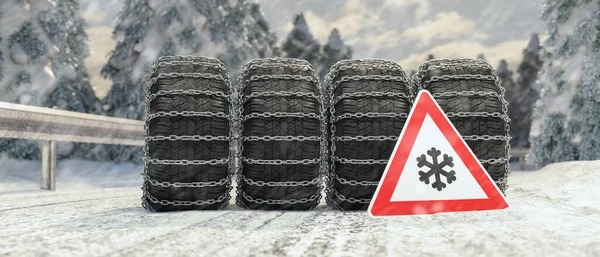 Wymiana Opon Samochodowych Lata Zimę Znak Zagrożenia Drodze Śnieżnej — Zdjęcie stockowe