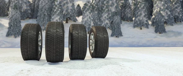 パノラマカーの安全コンセプトとして雪の冬のタイヤ — ストック写真