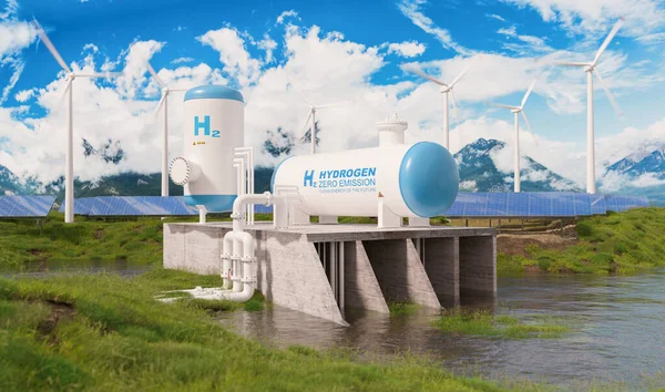 Hydrogen renewable energy production - hydrogen gas production for clean electricity solar and windturbine facility on a river