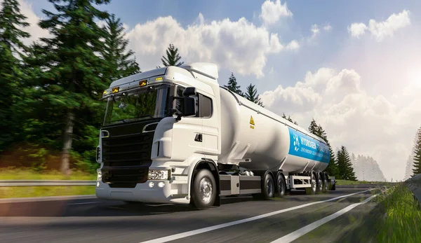 Hydrogen logistics concept. Truck with gas tank trailer on the forest road. New Energy concept image