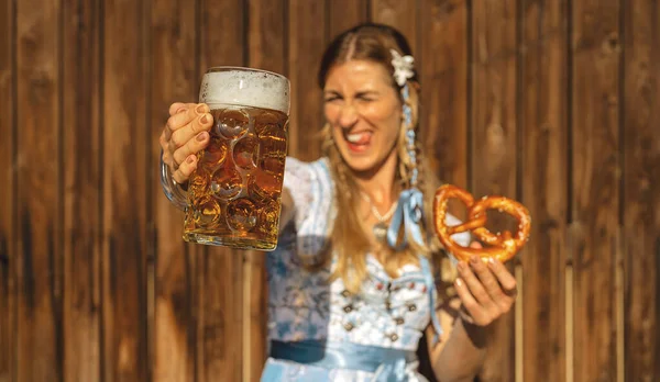 Girl Traditional Bavarian Tracht Drinking Beer Out Huge Mug Holding — Stock Photo, Image