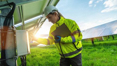 Kadın mühendis bir güneş paneli alanının kontrol elektroniğini inceliyor ve şüpheli görünüyor. Sürdürülebilir enerji ve güneş enerjisi alanı konsepti