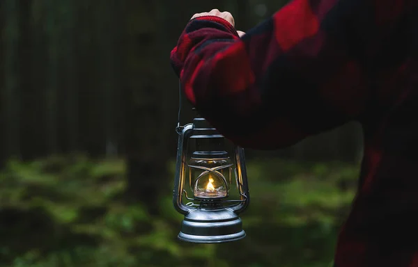 Hiker Holding Oil Lantern Kerosene Lamp Walking Dark Forest — Stock Photo, Image