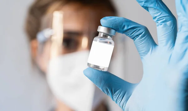 Female Doctor Gloves Shows Vaccine Bottle Covid Vaccine White Label — Stock Photo, Image