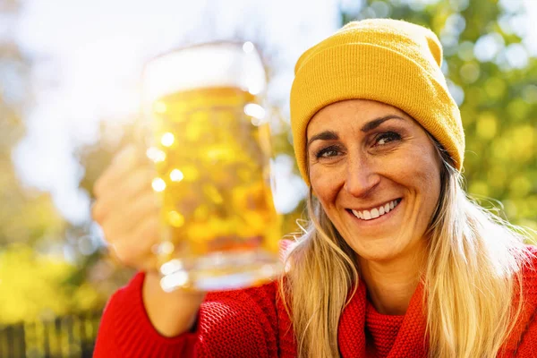 Happy Woman Sitting Beer Garden Enjoy Beer Sun Autumn — Stock Photo, Image