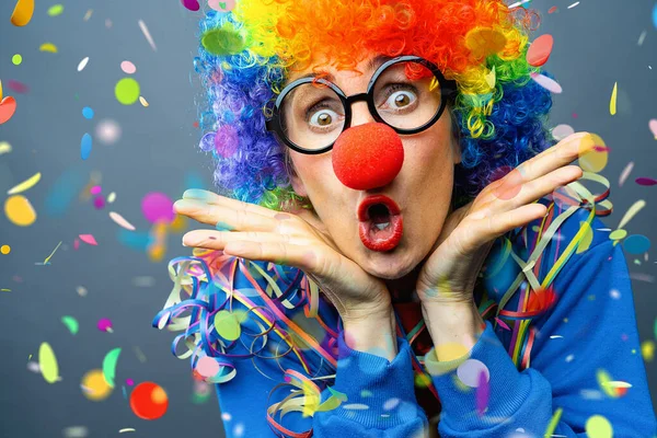 Enthusiastic Party Woman Red Nose Celebrating German Fasching Carnival Confetti — Stock Photo, Image