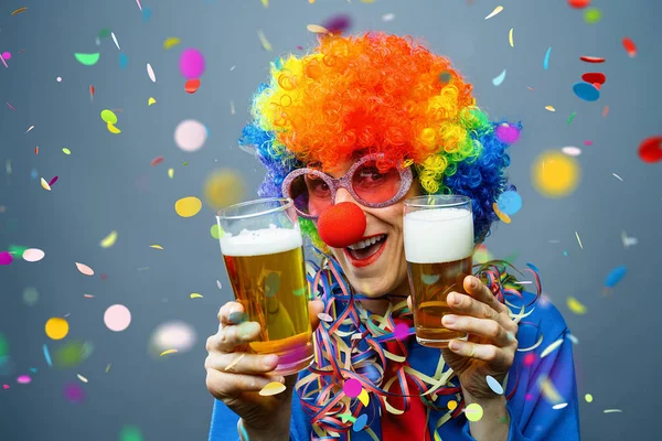 Girl Beer Rose Monday Celebrating German Fasching Carnival Confetti Falling — Stock Photo, Image