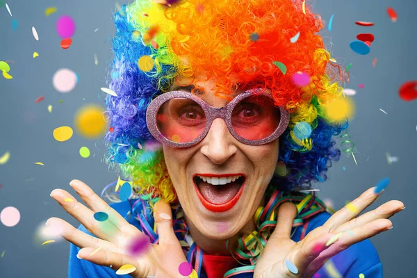 Happy Party Woman Rose Monday Celebrating German Fasching Carnival Confetti — Stock Photo, Image
