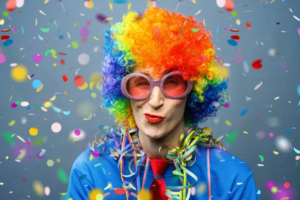 Party Woman Rose Monday Celebrating German Fasching Carnival Confetti Falling — Stock Photo, Image