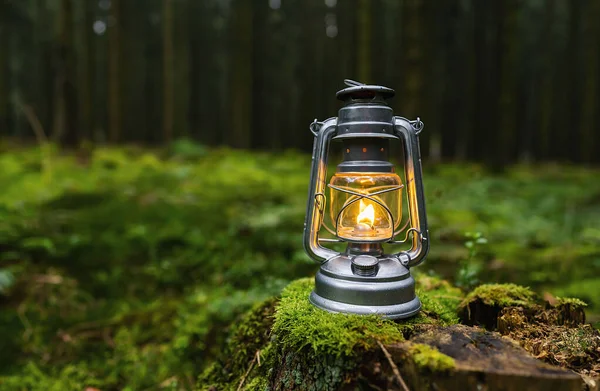 kerosene lamp or oil lamp used at dusk on a tree trunk in the dark forest, with copyspace for your individual text.