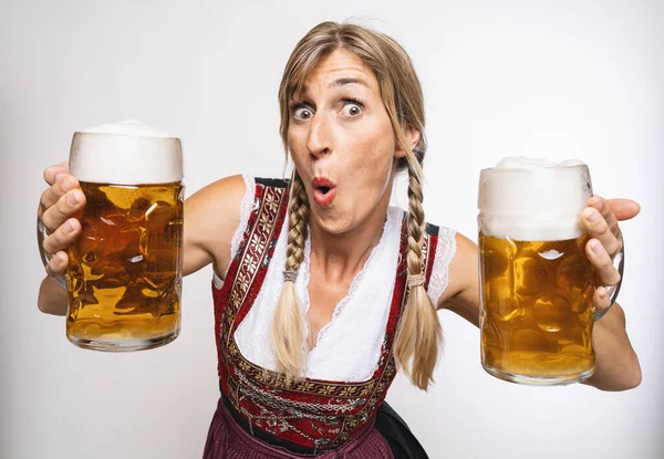 Sexy Traditional Oktoberfest Visitor Wearing Traditional Bavarian Dress Holding Big — Stock Photo, Image