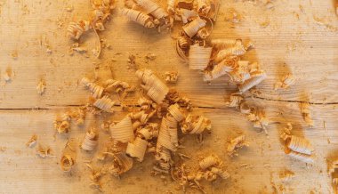 Masadaki ahşap talaşları çeşitli boyutlarda, üst görünümde.