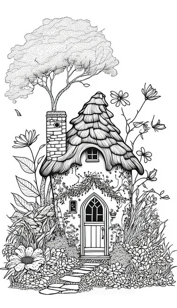 stock image Fairy House Coloring Page for Teens and Adults